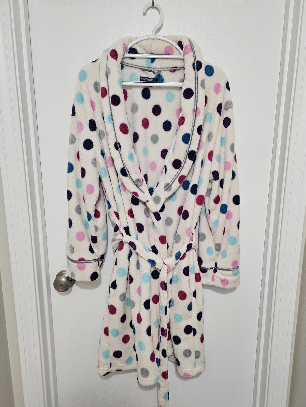 Covington White Fleece Robe with Polka Dots‎ Soft Plush Bathrobe Large Womens